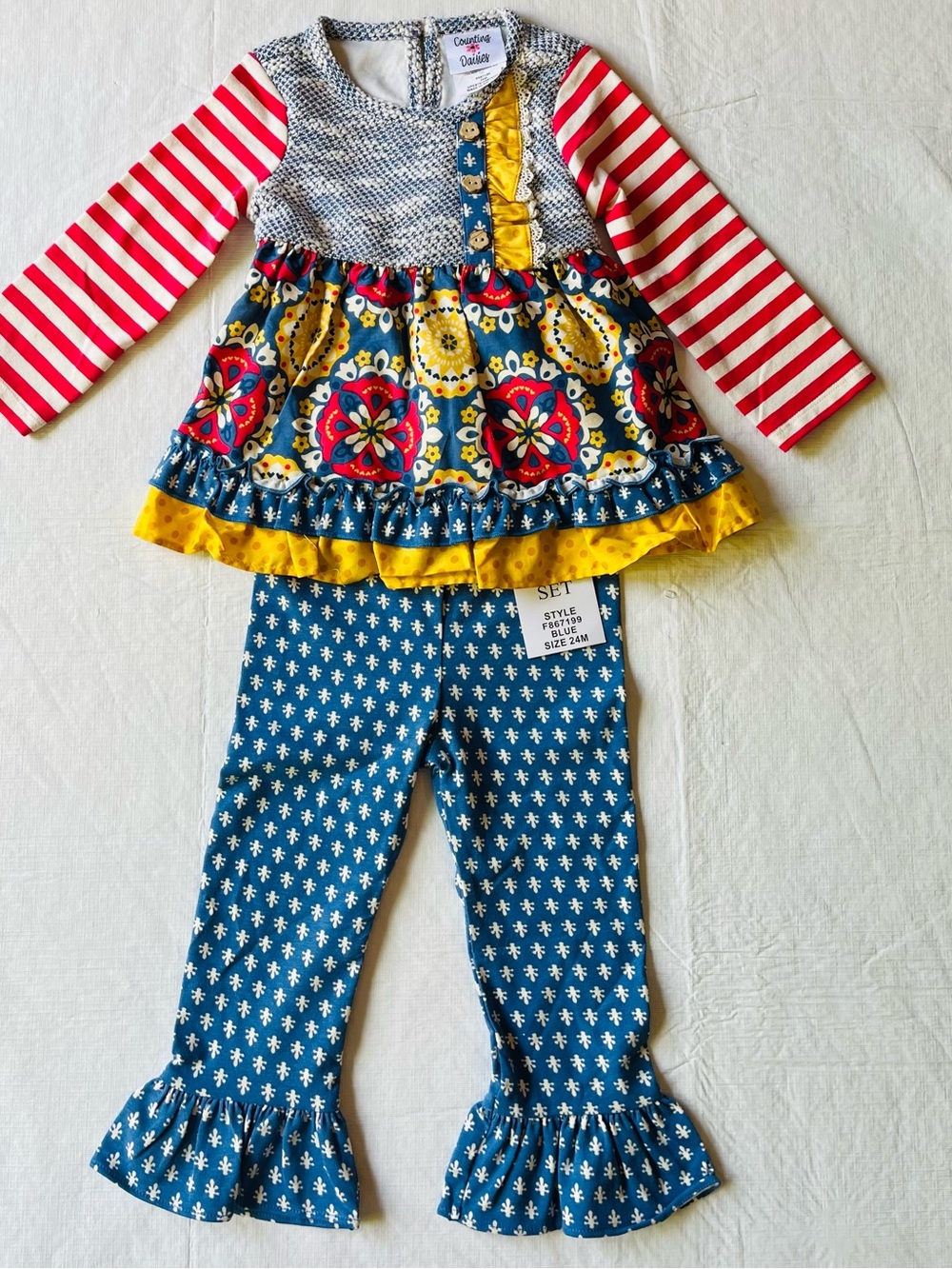 NWT Counting daisies set, long sleeve peplum tunic, long pants, ruffles red blue